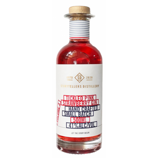 Paramount Storytellers Distillery Volume 3 Tickled Pink Strawberry Gin bottle with pink liquid and label.