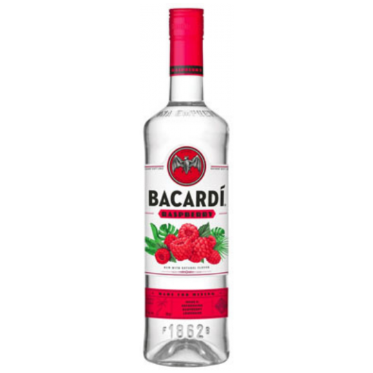 Bottle of Paramount Bacardi Raspberry Flavoured Rum 700ml with red raspberry label and clear glass bottle.