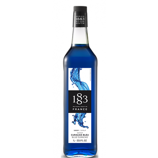 Paramount 1883 Blue Curacao flavored syrup in 1-liter bottle, vibrant blue color, ideal for cocktails and beverages