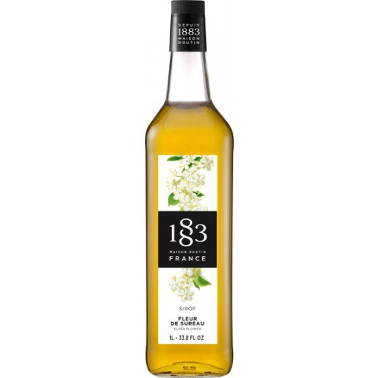 Paramount 1883 Elderflower Syrup 1L bottle, flavored syrup with floral elderflower flavor in clear plastic container
