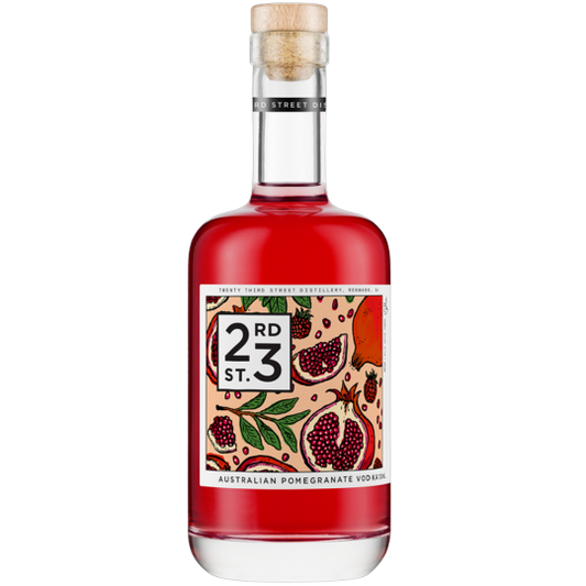 Paramount 23rd Street Distillery Pomegranate Flavored Vodka 700ml bottle, featuring a vibrant label with pomegranate imagery.