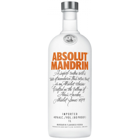 Paramount Absolut Mandrin flavored vodka 1L bottle with vibrant orange label and clear glass showing the citrus-infused spirit.