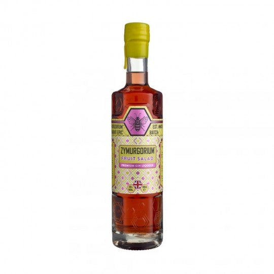 Paramount Zymurgorium Fruit Salad Gin Liqueur 500ml bottle with colorful fruit illustration and clear glass packaging.