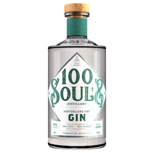Bottle of 100 Souls Hinterland Gin in a 700ml bottle by Paramount, featuring a sleek label and clear glass showcasing the gin inside.