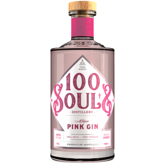 Bottle of 100 Souls Pink Gin by Paramount, 700ml, with pink hue and stylish label, displayed upright on a neutral background.