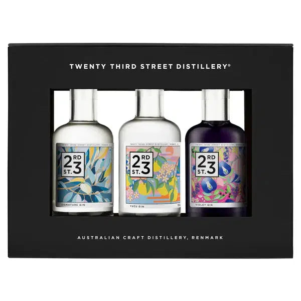 Paramount 23rd Street Gift Box with three 200ml bottles of gin, featuring elegant packaging and clear glass bottles.