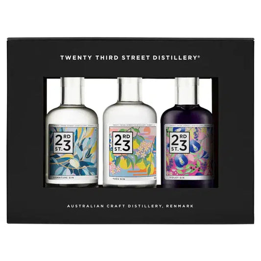 Paramount 23rd Street Distillery Gin gift box with three 200ml bottles, featuring limited edition packaging and clear glass bottles.