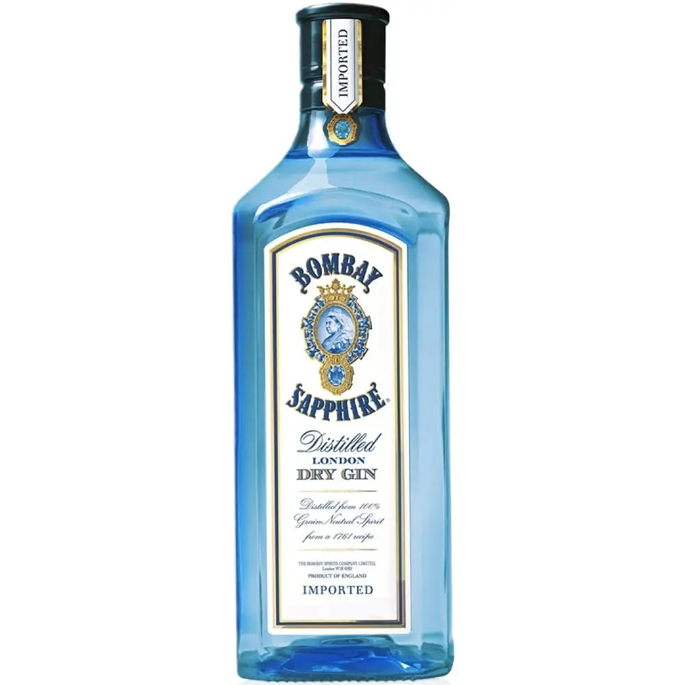 Bottle of Bombay Sapphire Dry Gin by Paramount, 700ml, with distinctive blue bottle and label visible.