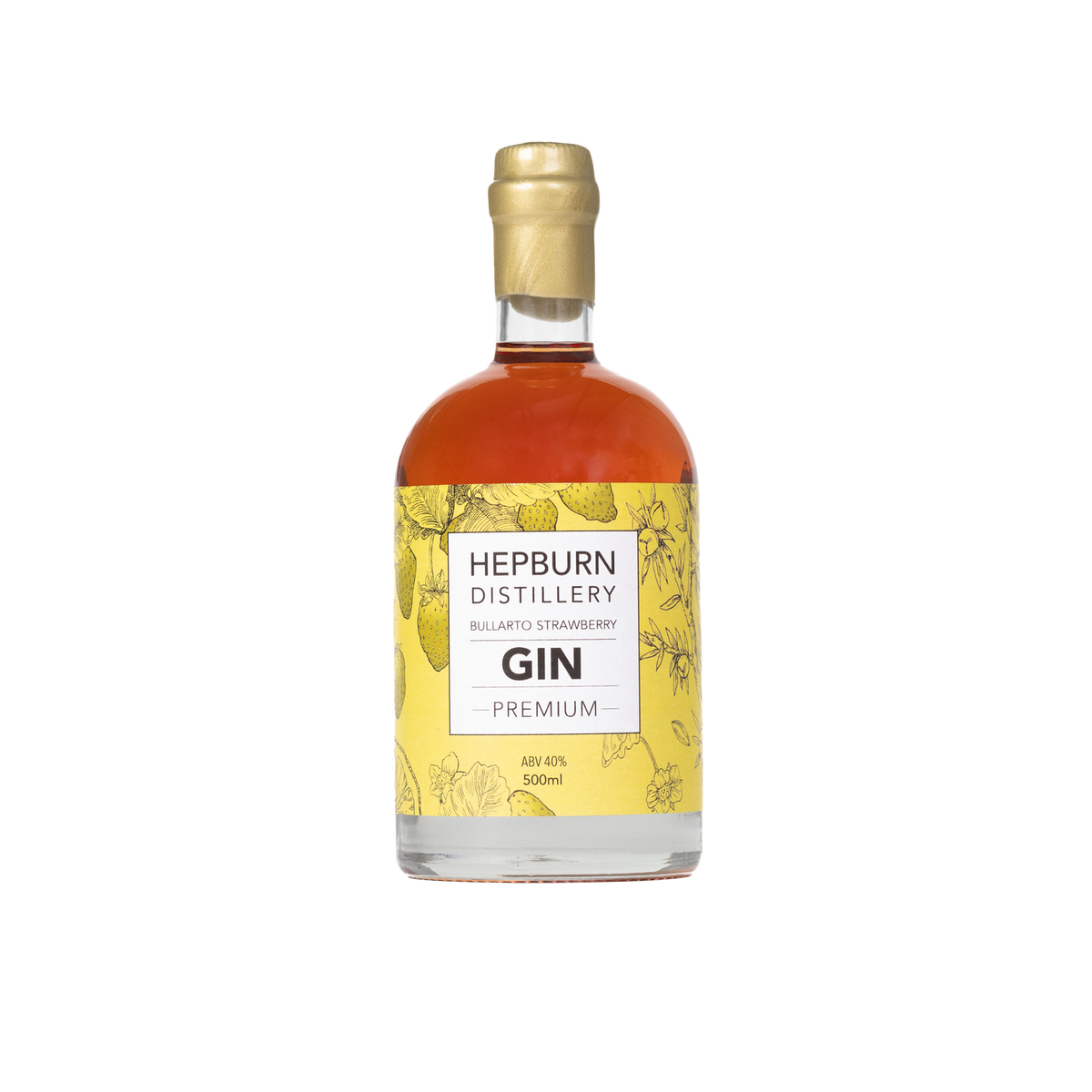 Paramount Hepburn Distillery Bullarto Strawberry Gin 500ml bottle with clear label and vibrant strawberry imagery.