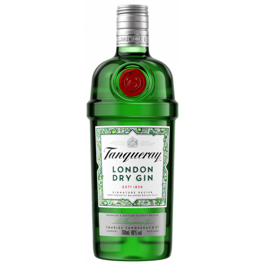 Paramount Tanqueray Gin 700ml bottle with distinctive green glass, clear label, and silver cap on a white background.