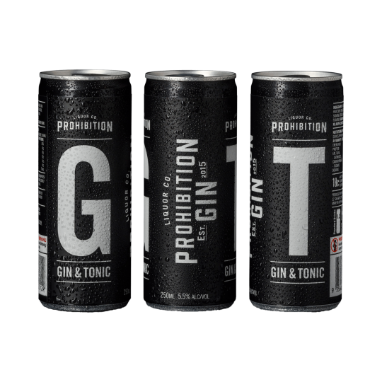 Paramount Prohibition Liquor Co. Gin & Tonic cans, 250ml each, 24-pack, ready-to-drink beverage in sleek can design