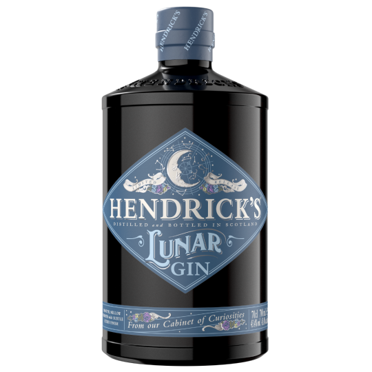 Hendrick's Lunar Gin 700ml bottle, international gin by Paramount, with distinctive lunar-themed label and dark glass bottle.
