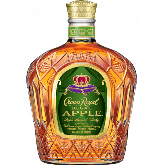 Crown Royal Regal Apple Whisky Liqueur 1L bottle with green label and gold cap, showcasing the Paramount brand and apple flavor.