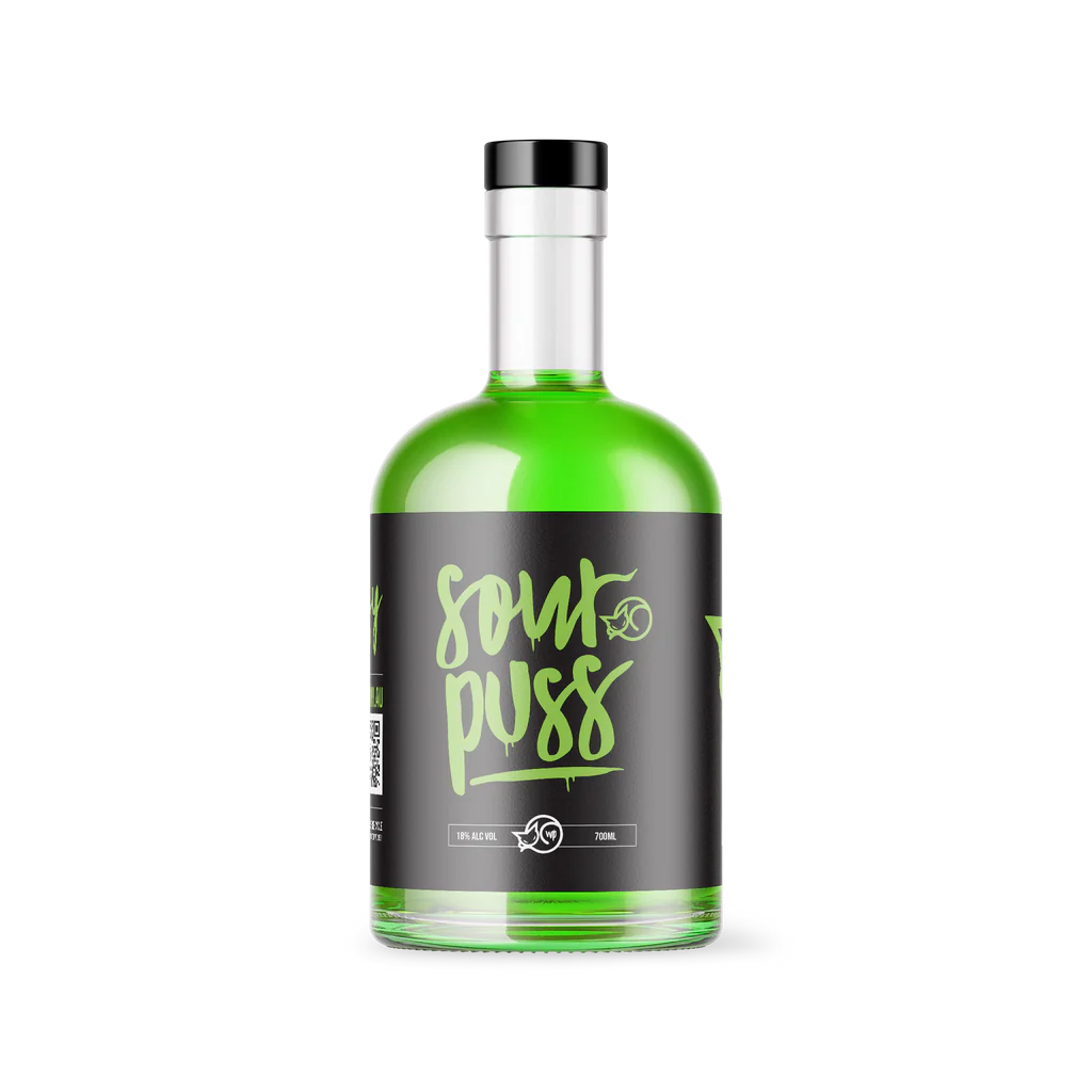 Bottle of Paramount Sour Puss Apple liqueur, 700ml, with vibrant green label and clear glass showcasing the apple-flavored spirit.