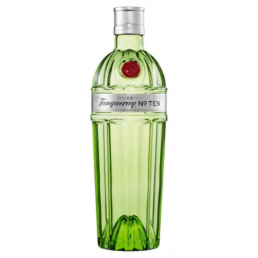 Bottle of Tanqueray No. Ten London Dry Gin in a 700mL Paramount bottle with clear glass and a distinctive label.