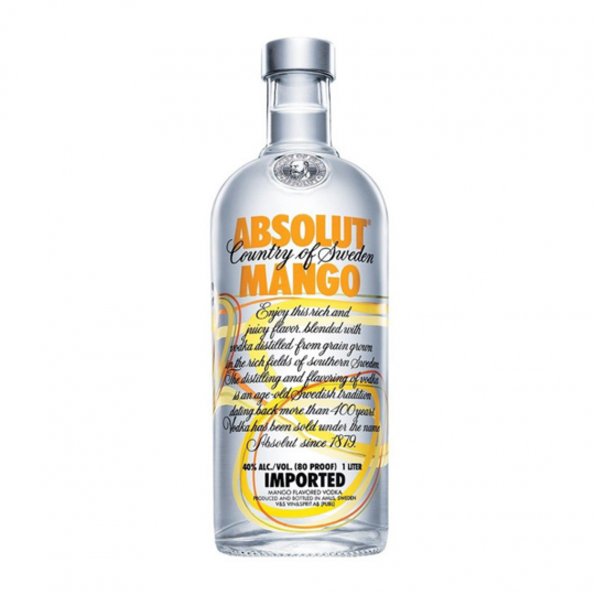 Paramount Absolut Mango Flavored Swedish Vodka 1L bottle with bright orange label and clear glass bottle.