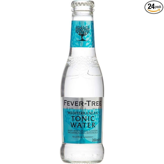 Paramount Fever-Tree Mediterranean Tonic Water 200mL bottles in a pack of 24, showing clear glass bottles with labels.