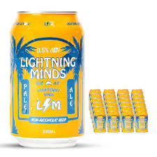Pack of 24 Paramount Lightning Minds Non-Alcoholic Pale Ale 330ml bottles, featuring amber-colored non-alcoholic beer.