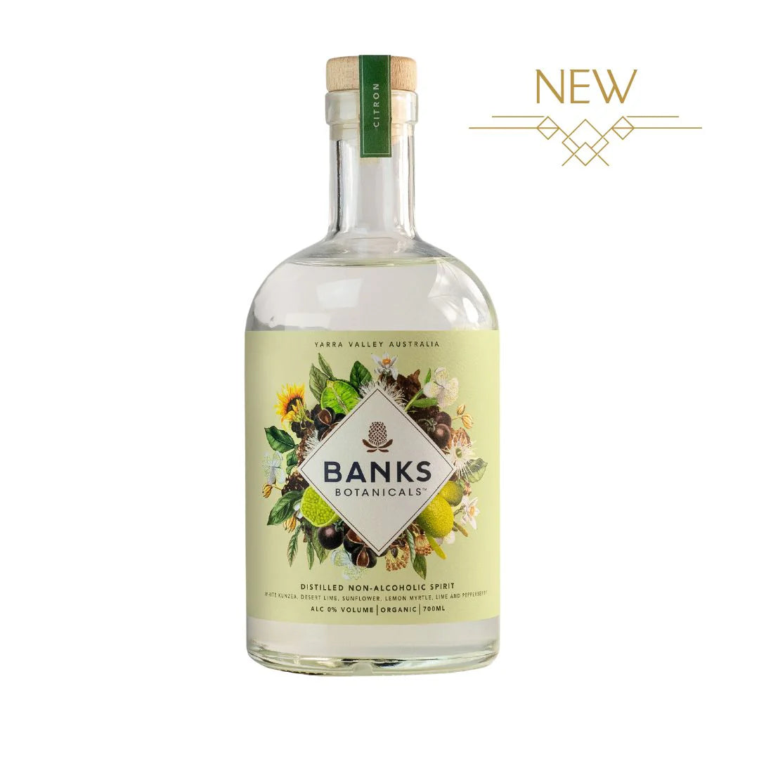 Paramount Banks Botanicals Citron Distilled Non Alcoholic Spirit in 700ml bottle with fresh lemon and botanical ingredients