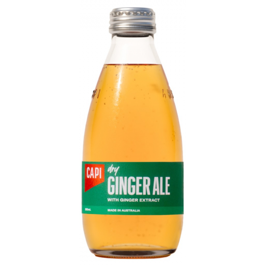 Capi Dry Ginger Ale non-alcoholic beverage in a 250ml loose bottle, produced by Paramount, with a clear beverage inside.