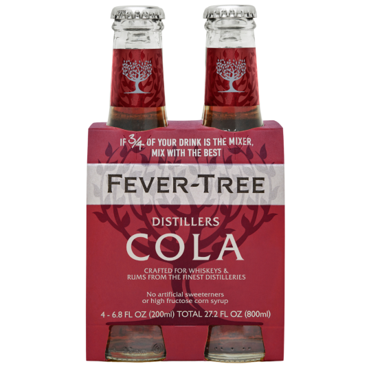 Paramount Fever Tree Distillers Cola non-alcoholic soft drink 200ml bottles, 4-pack, refreshing cola flavor in clear bottles