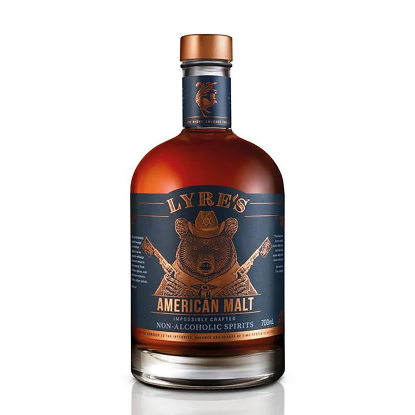 Lyre's American Malt non-alcoholic spirit in a 700ml bottle, designed for craft cocktails, with a clear label and dark glass bottle.