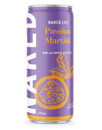 Paramount Naked Life Passion Martini non-alcoholic cocktail bottles, 250ml each, pack of 24, with colorful passion fruit flavor labels.