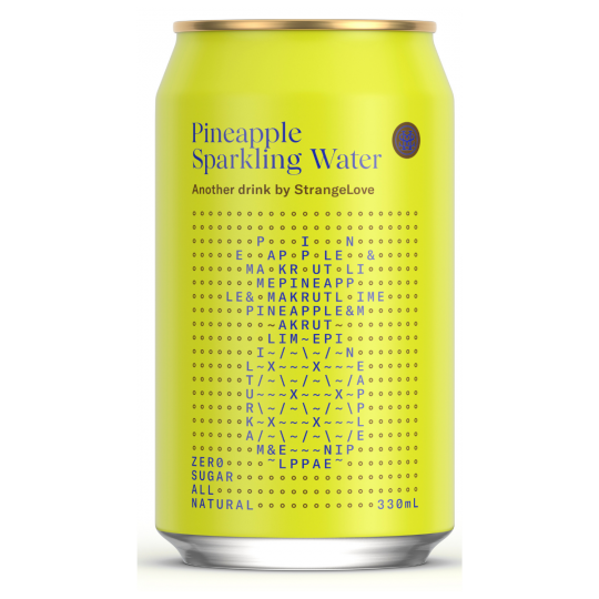 24-pack of Paramount Strangelove Pineapple Sparkling Water 330ml bottles, non-alcoholic, refreshing pineapple-flavored sparkling water.