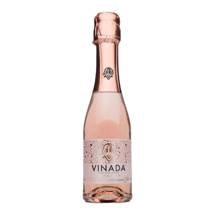 Paramount Vinada Rose non-alcoholic wine 200ml bottles, pack of 24, with pink hue and elegant label display.