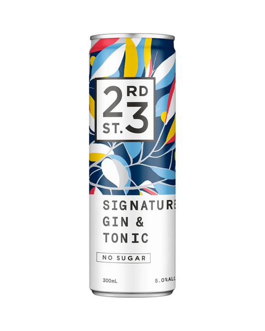Pack of 24 Paramount 23rd Street Gin & Tonic premixed cans, 300ml each, showing sleek beverage cans with branding.