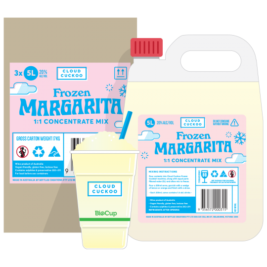 Paramount Cloud Cuckoo Frozen Margarita Concentrate premix bottle, 5L, with bright label and vibrant branding.