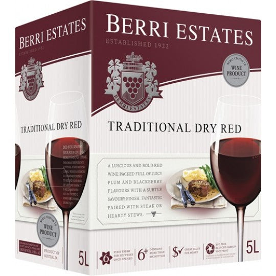 Paramount Berri Traditional Dry Red Cask Wine 5L bottle, showing the dark red wine and classic label on the cask.