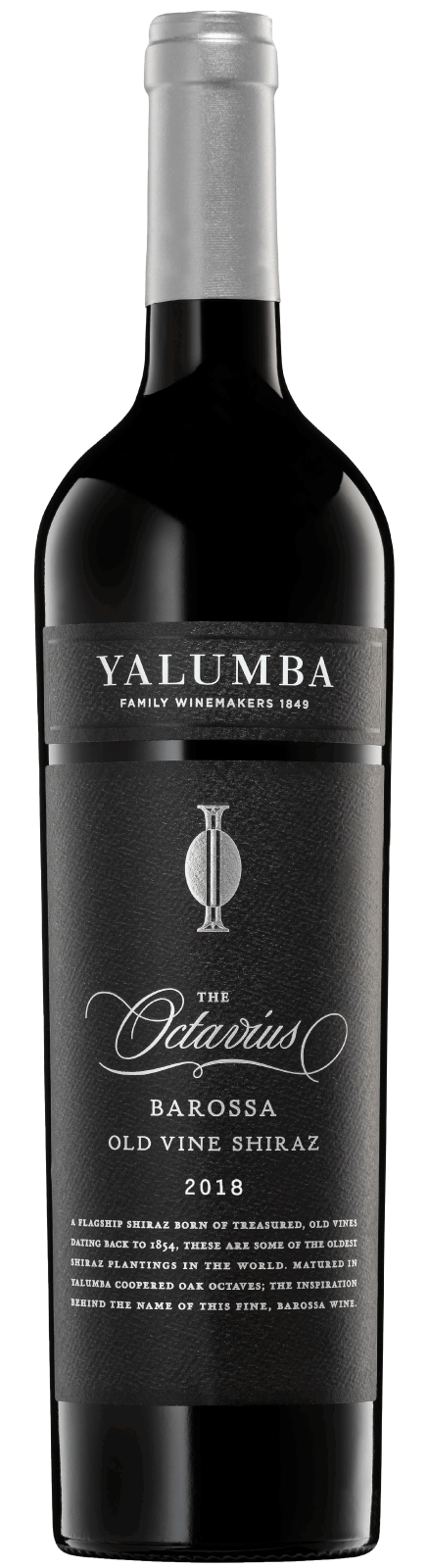 Paramount Yalumba The Octavius Shiraz red wine bottle, 750ml, with dark label and elegant glass.