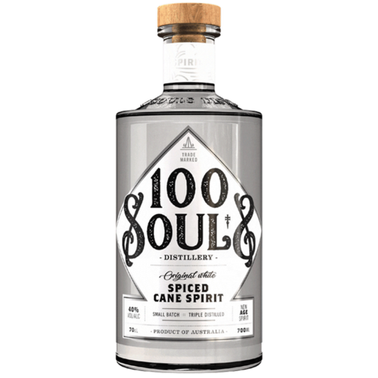 Paramount 100 Souls Original White Rum in 700ml bottle, clear glass with white label and cap, on a wooden surface.