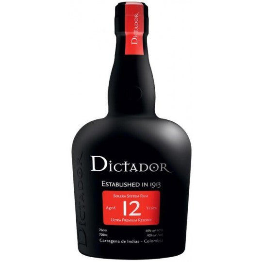 Paramount Dictador 12 Year Old Rum bottle, 700ml, with dark amber liquid and label featuring the Dictador brand name.