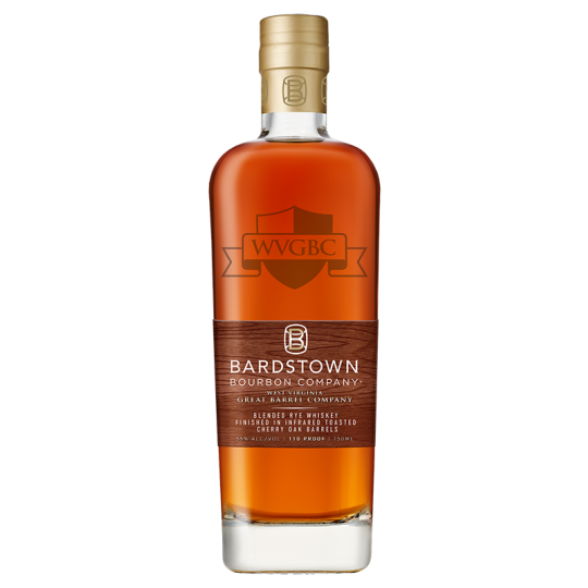 Paramount Bardstown Bourbon Co WVGBc Blended Rye Whiskey with red cherry oak finish, clear glass bottle showcasing rich amber liquid.