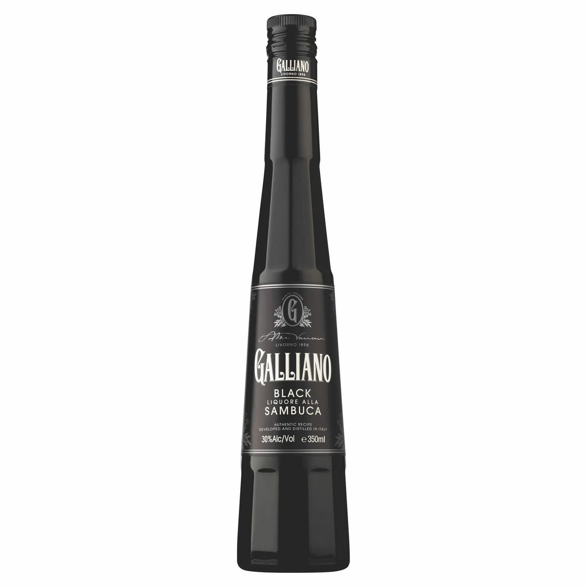 Paramount Galliano Black Sambuca bottle, 350mL, with dark liquor visible in a clear glass bottle.