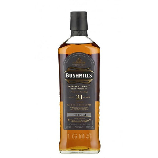 Bushmills 21 Year Old Single Malt Irish Whiskey bottle by Paramount, featuring a rich amber color and elegant label.
