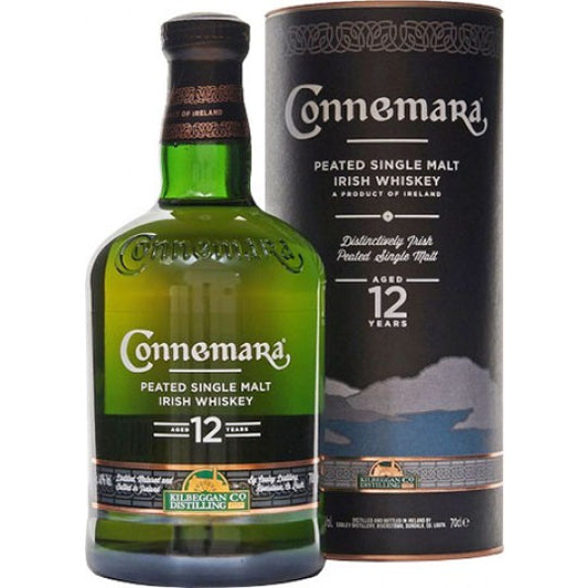 Connemara 12 Year Old Irish Single Malt Whiskey in a 700ml bottle with a dark label and gold accents.
