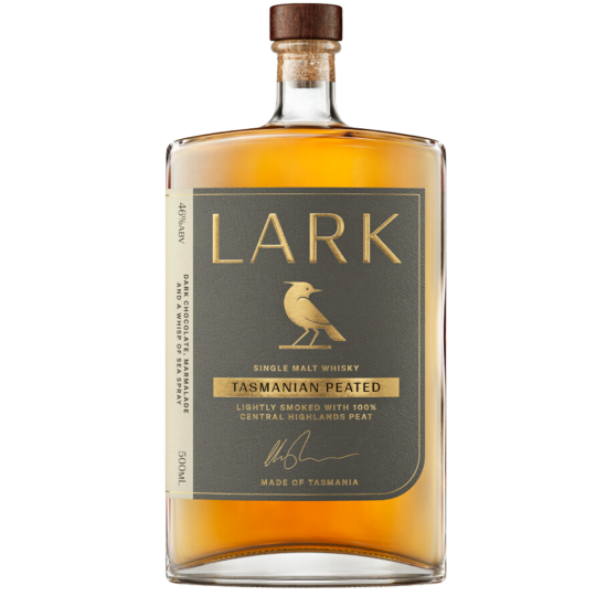 Paramount Lark Distillery Tasmanian Peated Single Malt Whisky 100ml bottle with label and whisky glass.