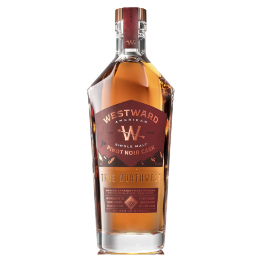 Paramount Westward American Single Malt whisky in a 700mL bottle, aged in Pinot Noir casks, with a dark amber liquid visible.