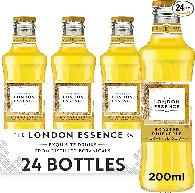 Paramount London Essence Co. Roasted Pineapple Soda Water 200ml bottles in a pack of 24, showcasing clear glass bottles with labels.