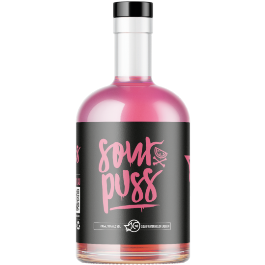 Bottle of Paramount Sour Puss Watermelon Sour Fruit Liqueur with bright watermelon label and colorful design.