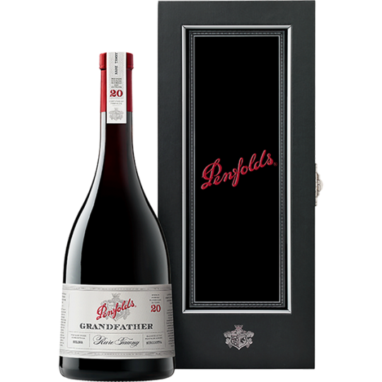 Paramount Penfolds Grandfather Tawny Port in a 750mL gift box, showcasing the bottle and elegant packaging.