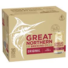 Paramount Great Northern Original Lager Block 375mL, traditional beer bottle with label and cap, on a neutral background.