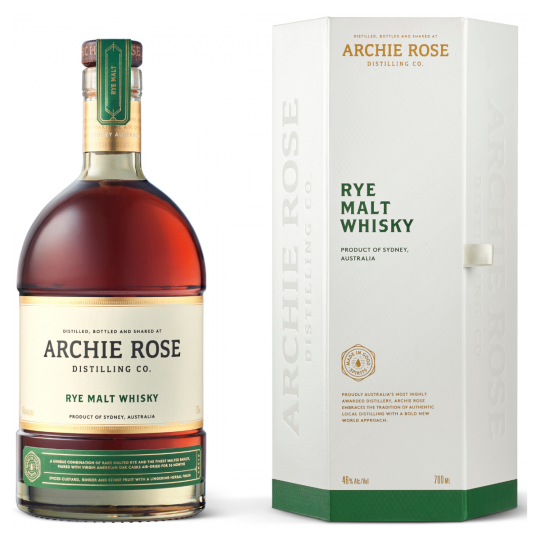Australian whisky bottle labeled Archie Rose Rye Malt by Paramount, 700ml size, with a sleek dark label and gold accents.