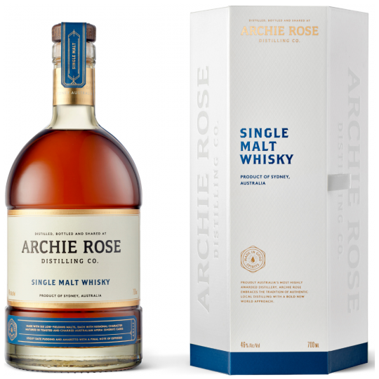 Paramount Archie Rose Single Malt Whisky 700ml bottle, clear glass with amber-colored whisky inside, label details visible.