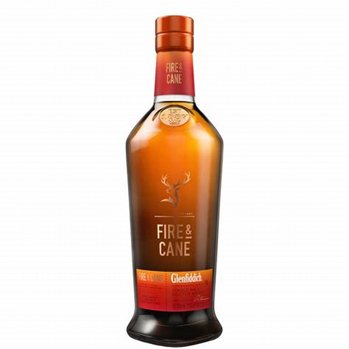 Glenfiddich Fire & Cane Whisky 700ml bottle by Paramount, showcasing amber-colored whisky with a distinctive label.
