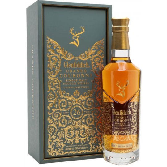 Glenfiddich Grande Couronne 26 Year Old single malt Scotch whisky bottle with gold and black label, 700ml size.