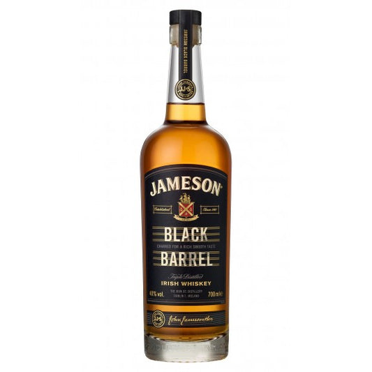 Jameson Black Barrel Whisky bottle, 700ml, with dark label and amber liquid visible, produced by Paramount.